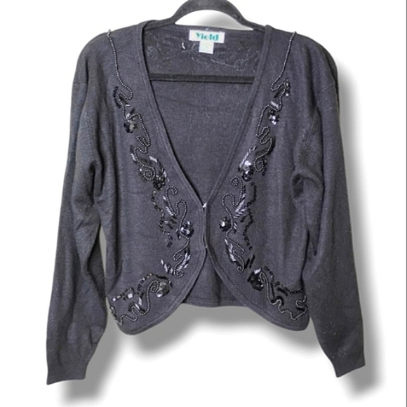 Vintage 90s Yield Black Beaded Cardigan Sweater Size M Elegant Retro Knit - Picture 1 of 7